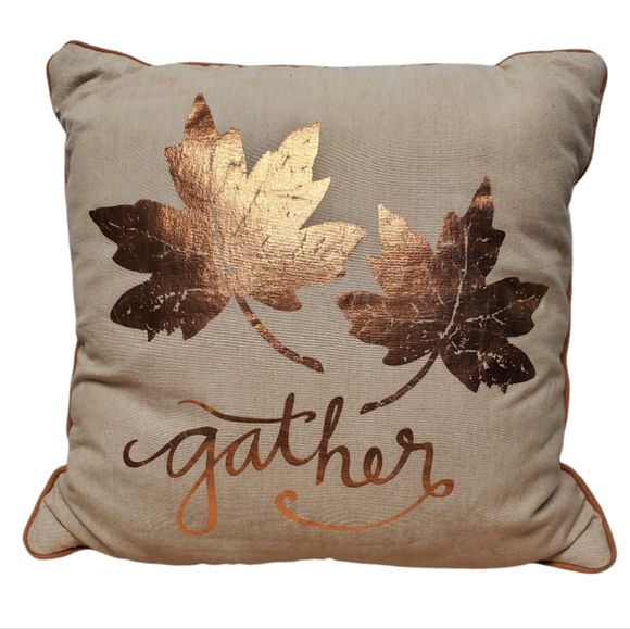 Autumn Fall Decorative Throw Pillow Decorated with Foil Leafs & The Word Gather - Picture 1 of 7